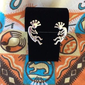 Vintage Old Navajo Kokopelli Sand Cast Sterling Silver Post Earrings.